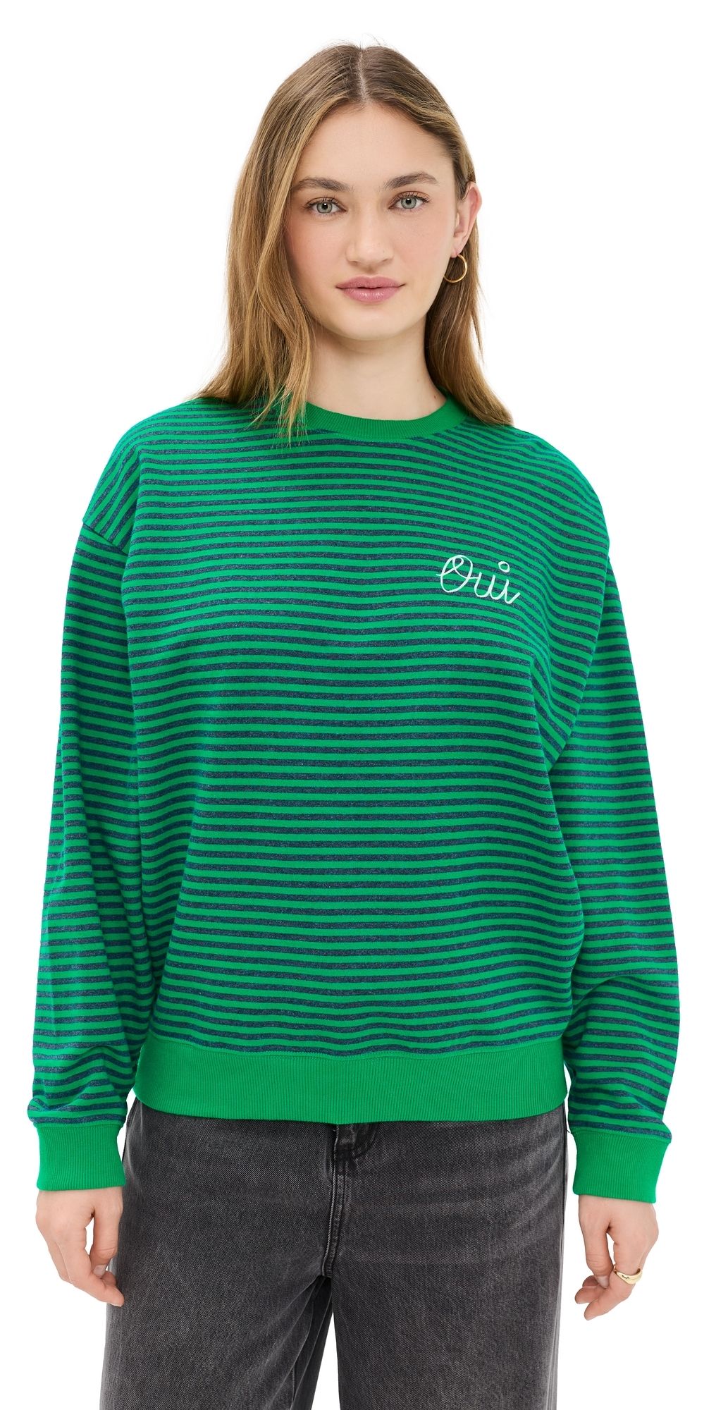 Clare V. Oversized Striped Sweatshirt Green/Charcoal XS