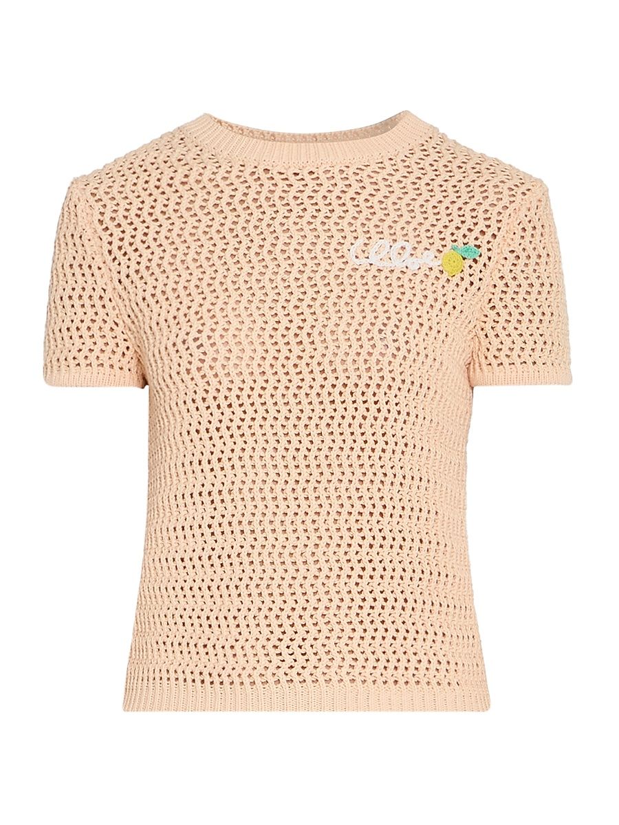 Women's À La Plage Logo-Embroidered Crochet Cotton Top - Bleached Orange - Size Small