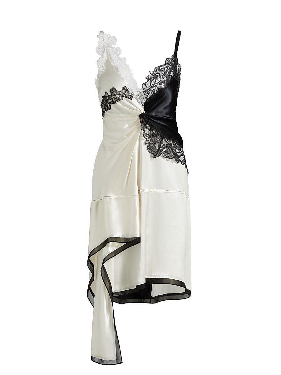 Women's Asymmetrical Lace-Trim Satin Slip Dress - Ivory Black - Size 4
