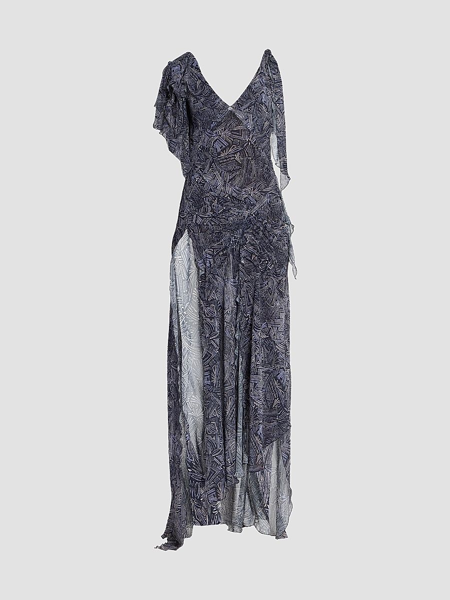Isabel Marant Women's Tylena Abstract-Print Ruffled Silk Maxi Dress - Faded Night - Size 10