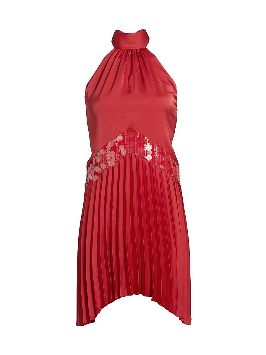 Women's Marcia Sequin-Embellished Pleated Halterneck Minidress - Ruby - Size 4