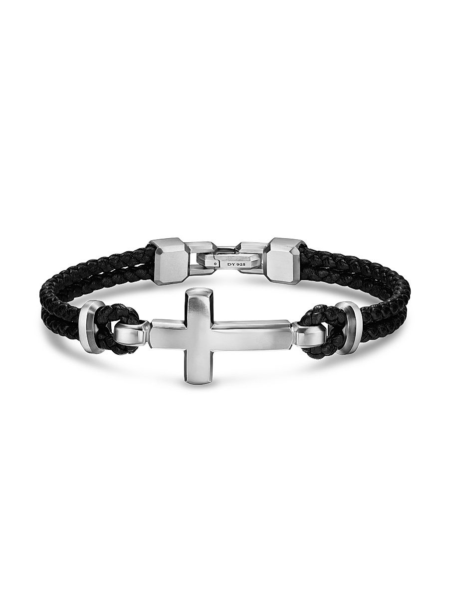 Men's Streamline Cross Station Bracelet in Black Leather - Silver - Size Medium