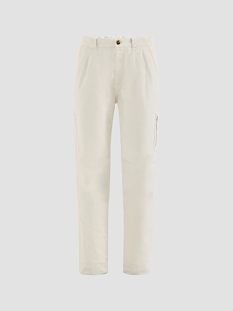Men's Peached Cotton Gabardine Trousers with Zipped Pocket - White - Size 48