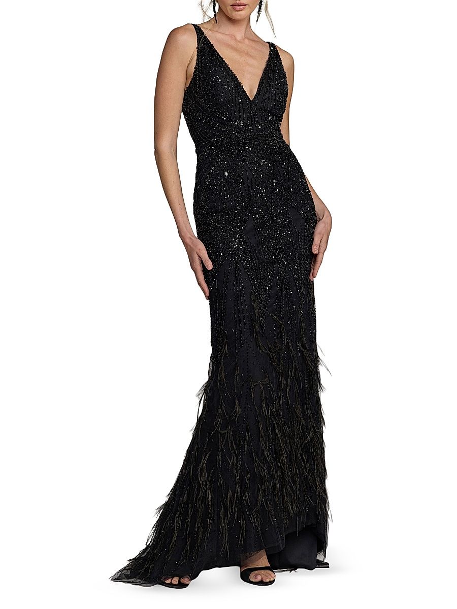 Women's Embellished Feather-Trim V-Neck Gown - Black - Size 8