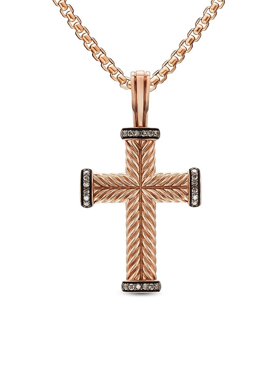 Men's Chevron Cross Pendant in 18K Rose Gold - Cognac Diamond