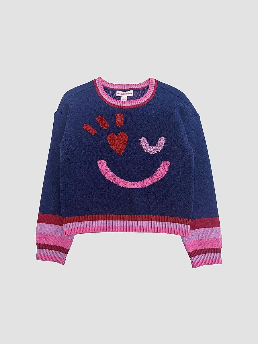 Little Girl's Chenille Smiley Face Sweater - Night Blue Combo - Size 6