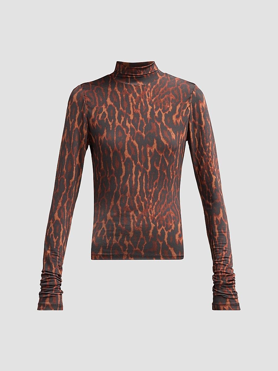 Ganni Women's Printed Shiny Jersey Turtleneck Top - Rawhide - Size 14