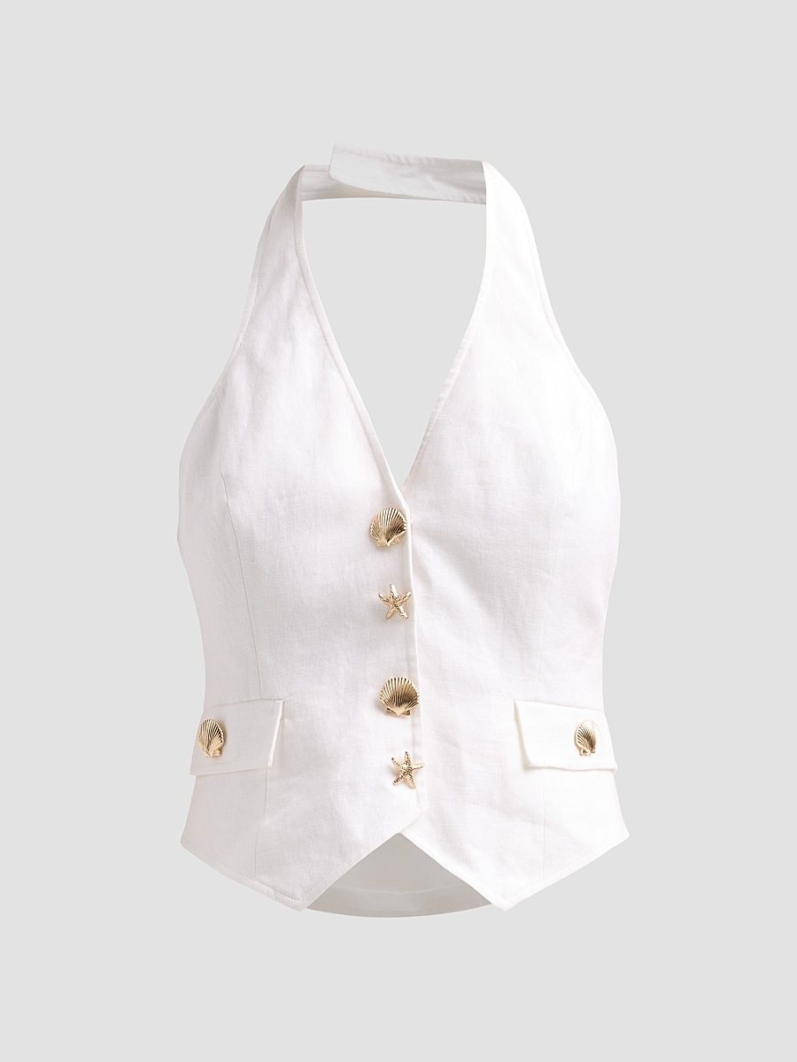 Women's Prescott Halterneck Linen Top - White - Size 14