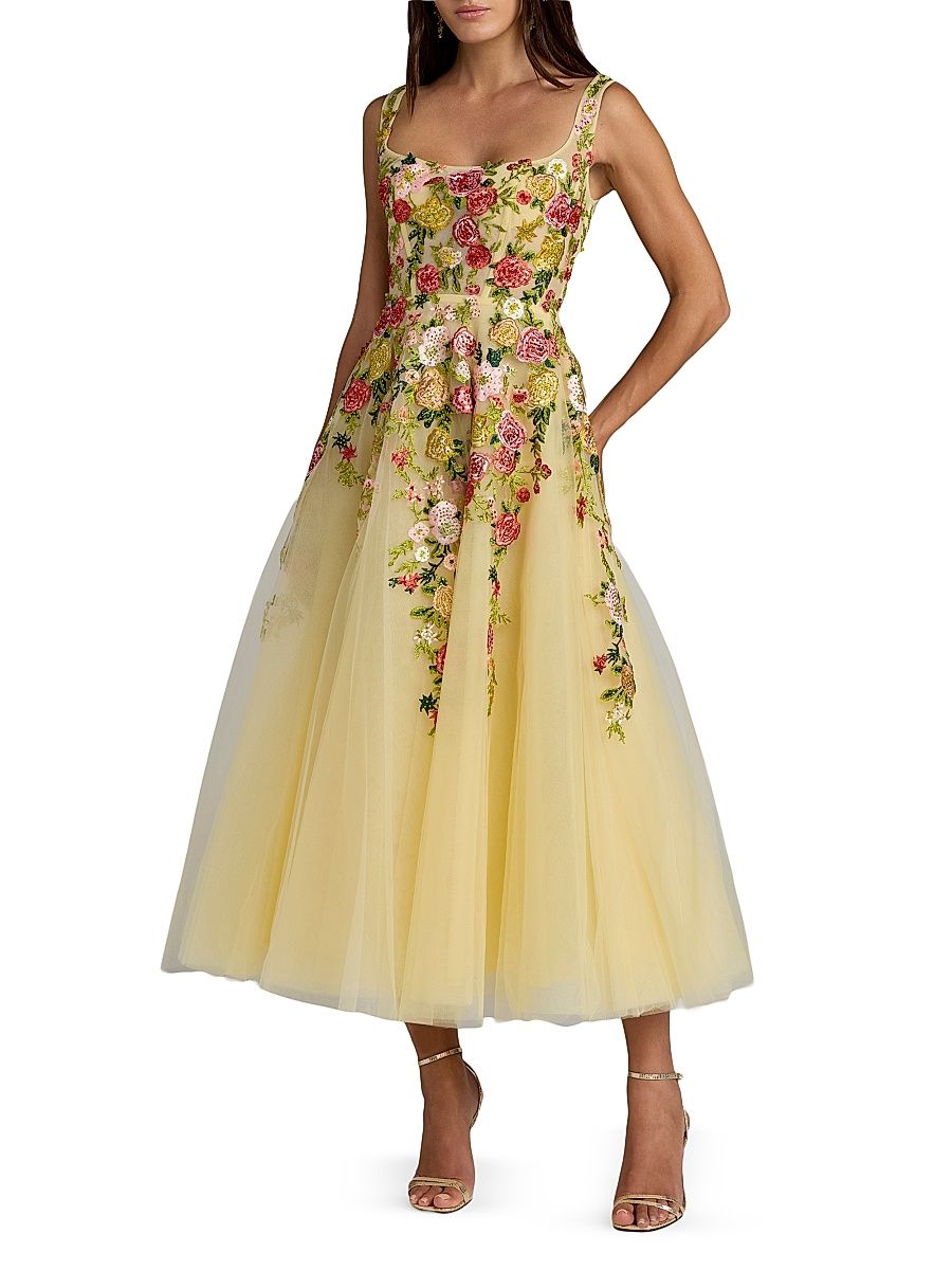 Women's Floral-Embroidered Tulle Cocktail Dress - Butter Multi - Size 14