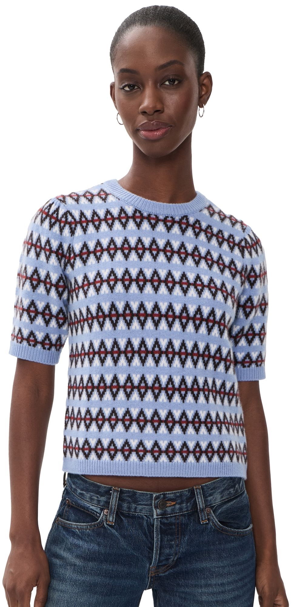 FRAME The Cashmere Crew Short Sleeve Sweater Periwinkle Fairisle L