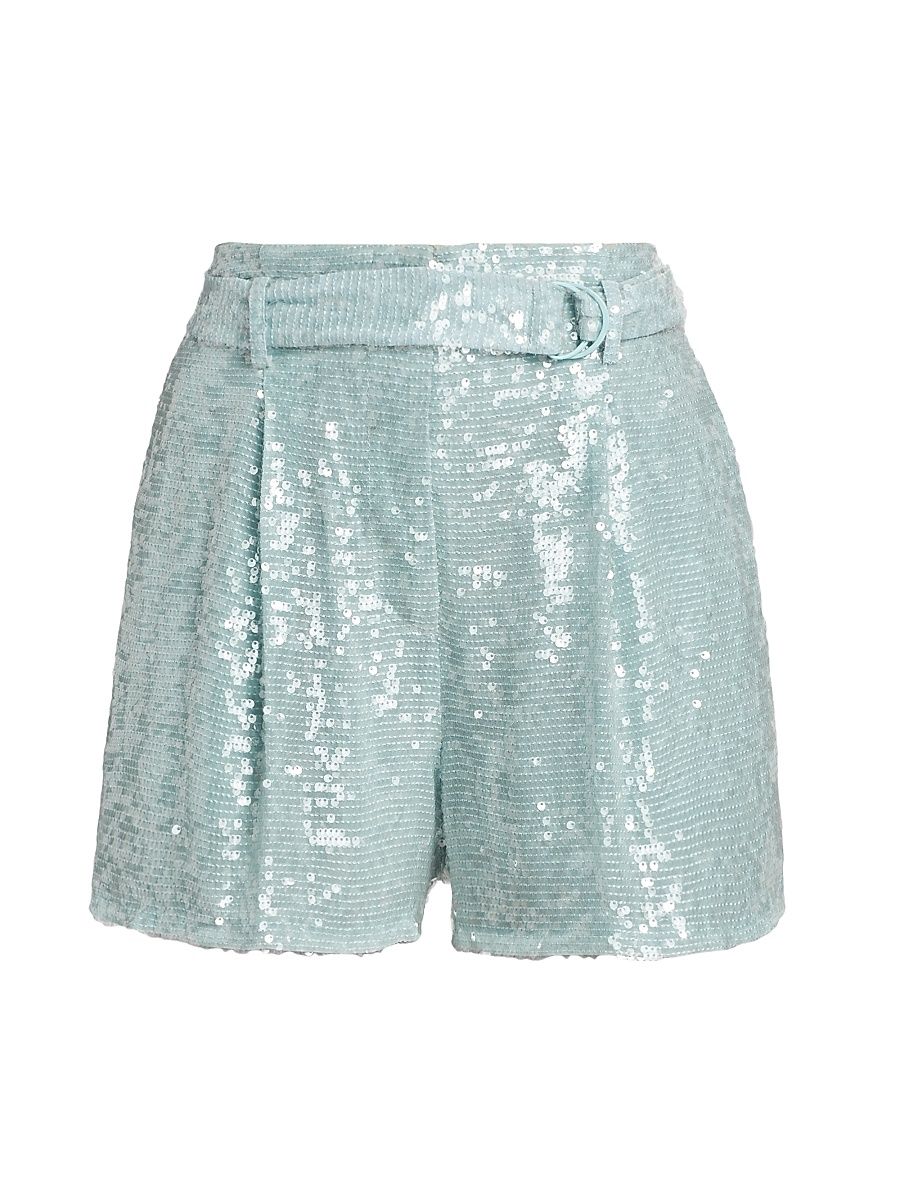 Women's Sequined Belted Shorts - Soft Blue - Size 10