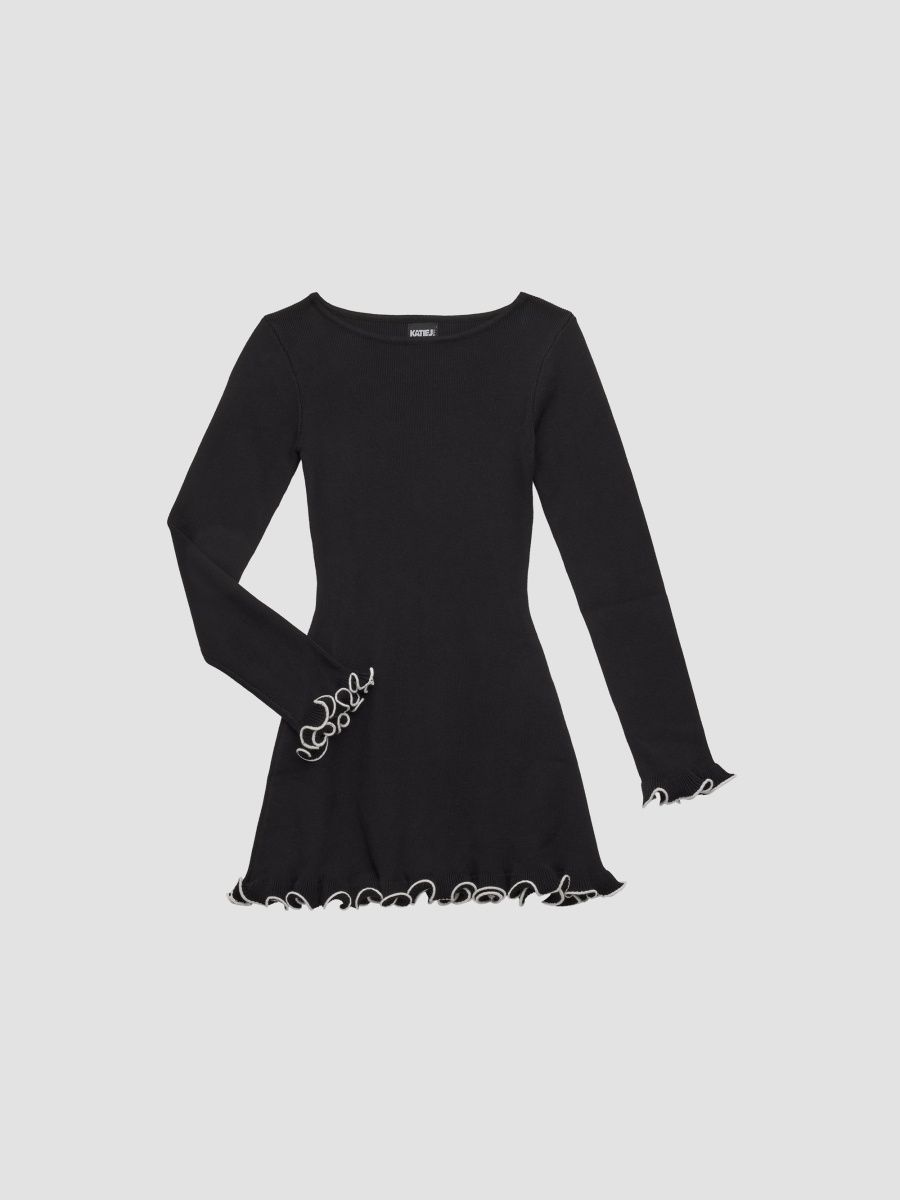 KatieJ NYC Girl's Girl's Ellis Lettuce-Edge Long-Sleeve Mini Dress - Black - Size 14