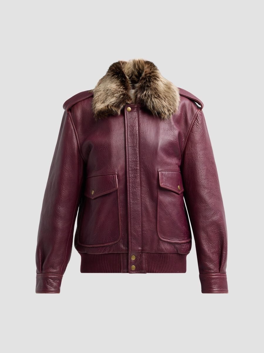 LoveShackFancy Women's Eveline Faux-Fur Collar Leather Jacket - Faded Merlot - Size XS