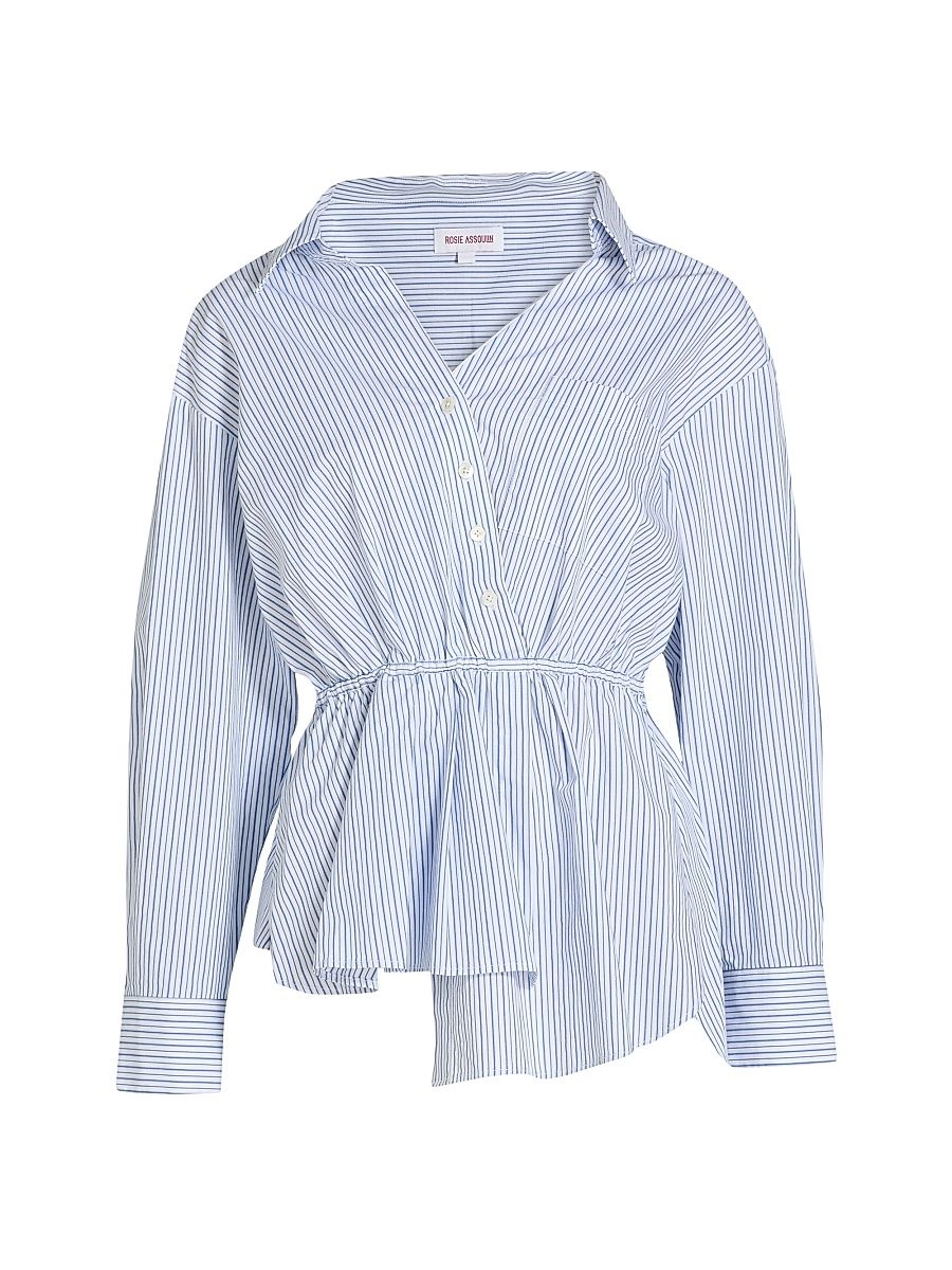 Women's Falling Off The Shoulder Poplin Shirt - Blue Stripe - Size Large