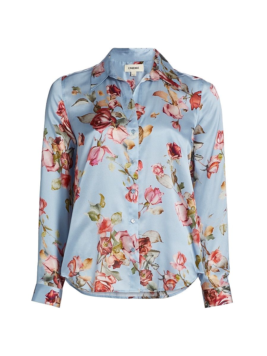 Women's Tyler Floral Silk Blouse - Light Blue Tapestry Floral - Size Small