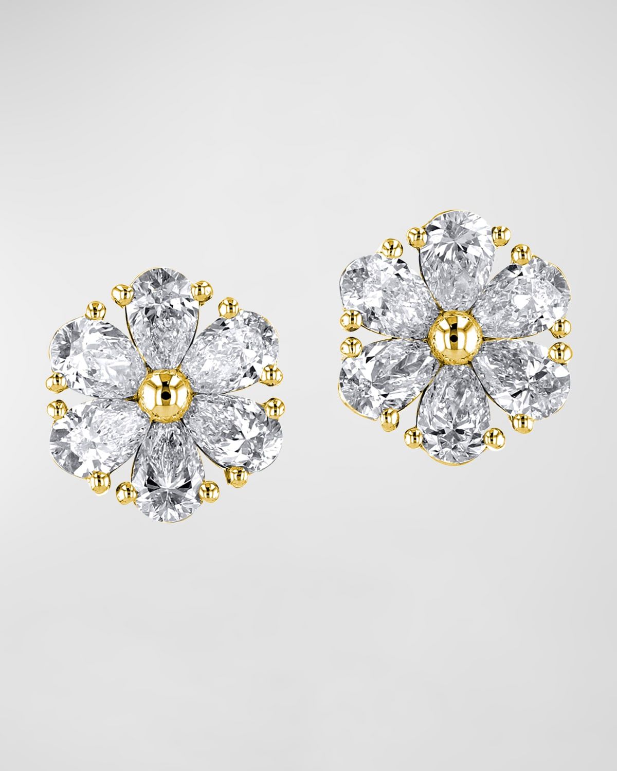 18K Gold Pear-Shaped Diamond Flower Stud Earrings, 6tcw, 0.59"L / 0.59"W
