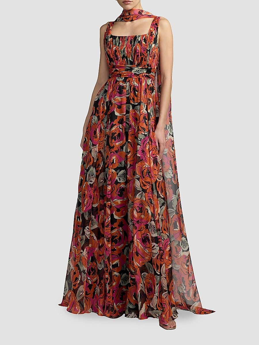 Women's Floral Chiffon A-Line Gown - Rose - Size 2