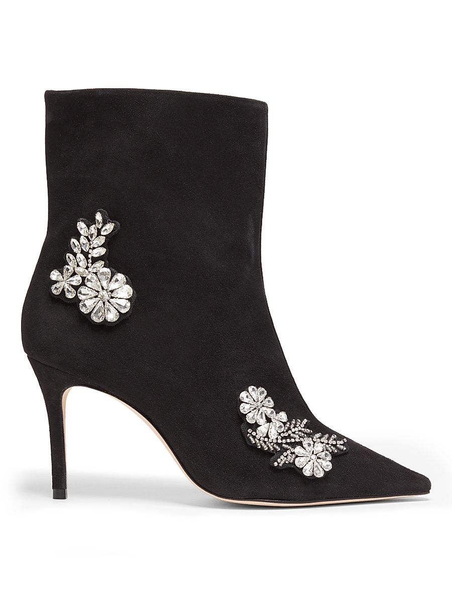 Women's Mia 85MM Crystal Appliqué Suede Ankle Boots - Black Clear Crystal - Size 10
