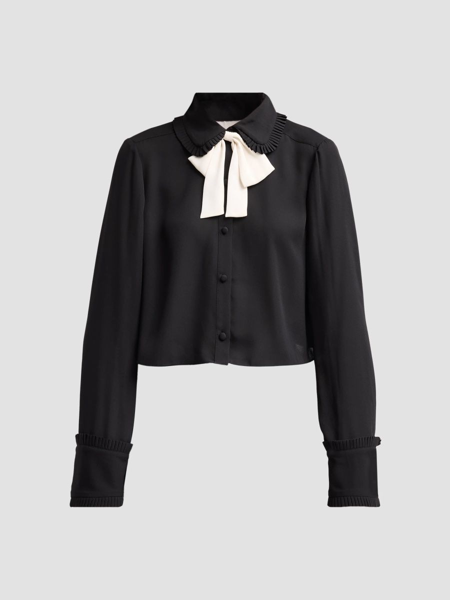 Women's Zaida Pleated Ruffle Crop Blouse - Black Ivory - Size XL