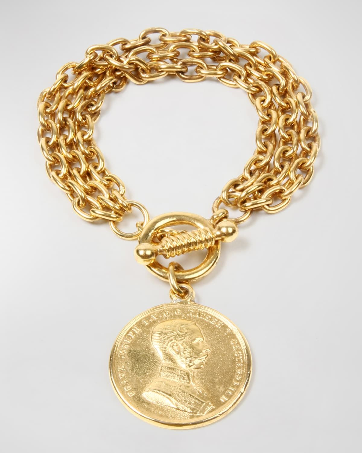 Gold Triple-Row Chain Bracelet w/ Coin Pendant