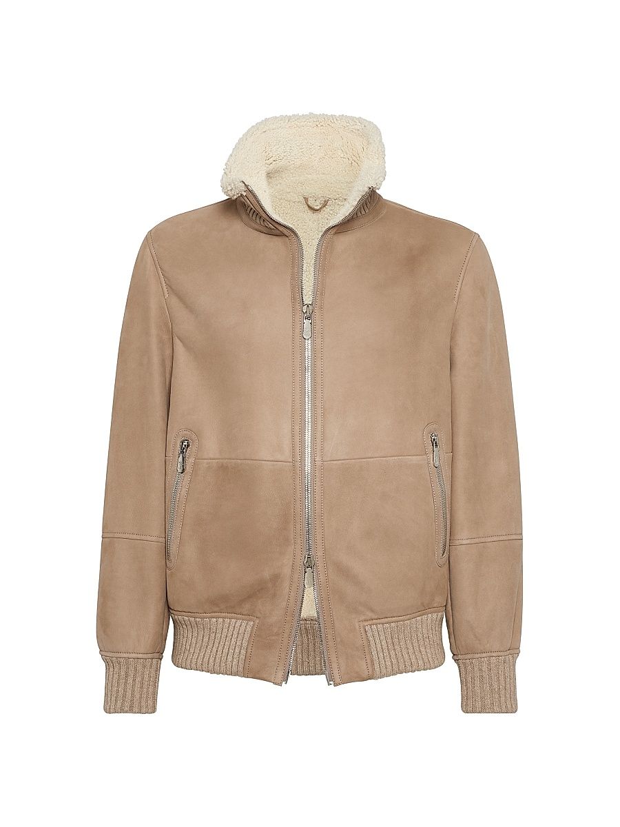 Men's Suede Curly Shearling Bomber Jacket with Cashmere Knit Collar - Hazelnut - Size XXXL