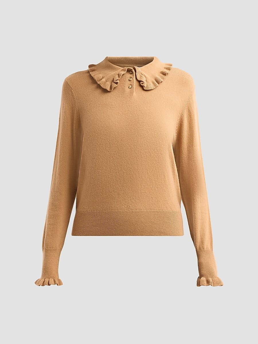Women's Sophie Ruffle Collar Polo Top - Camel - Size Large