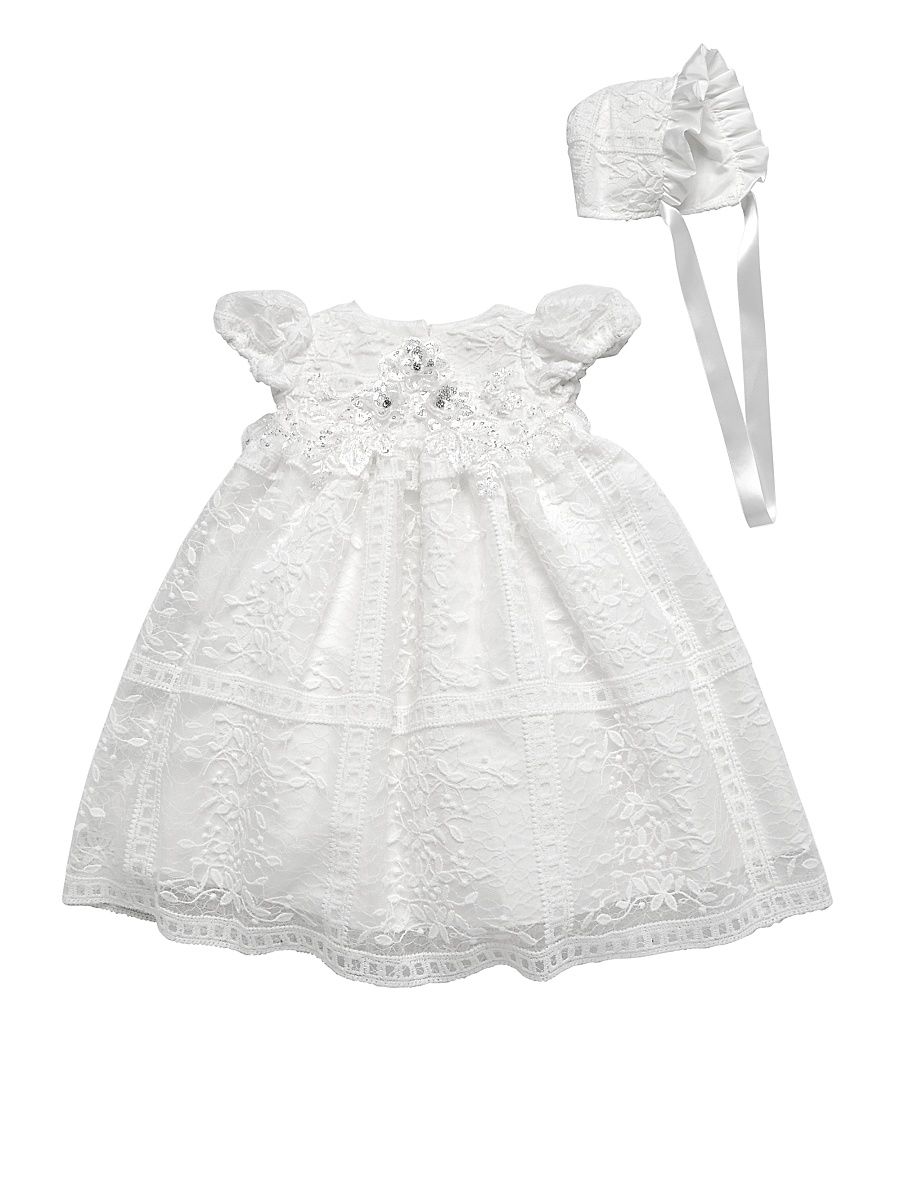 Baby Girl's Floral Lace Dress & Bonnet Set - Ivory - Size 24 Months