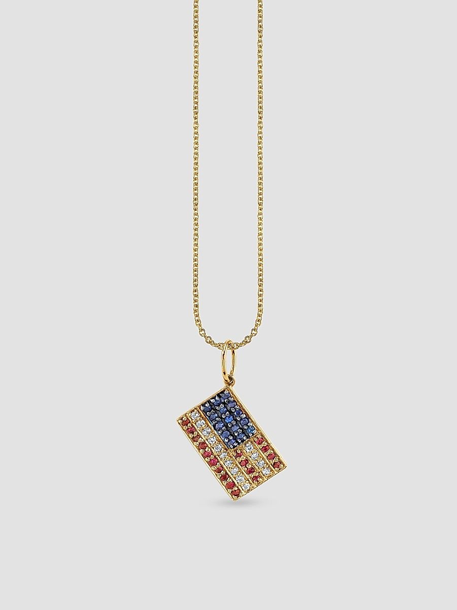 Women's 14K Ruby, Sapphire, and Diamond American Flag Pendant Necklace - Yellow Gold