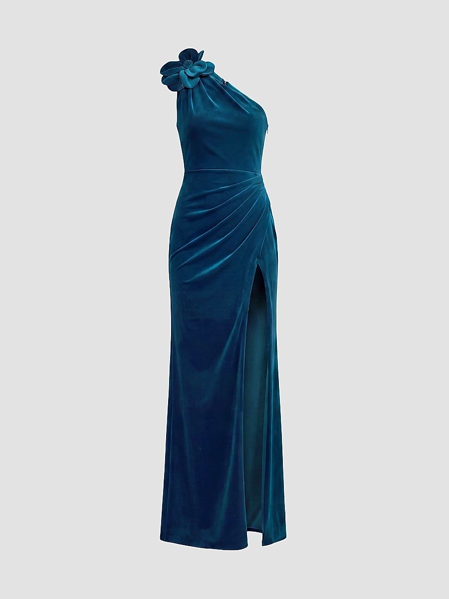 Women's Velvet Floral Detail One-Shoulder Gown - Ocean - Size 14