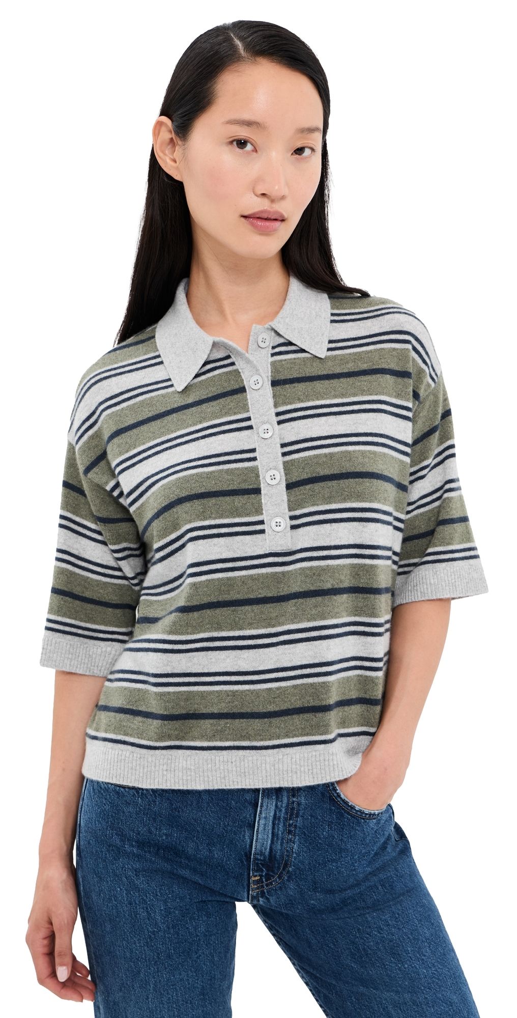 TWP Stripe Polo Pullover Moss/Night Sky/Light Heather M