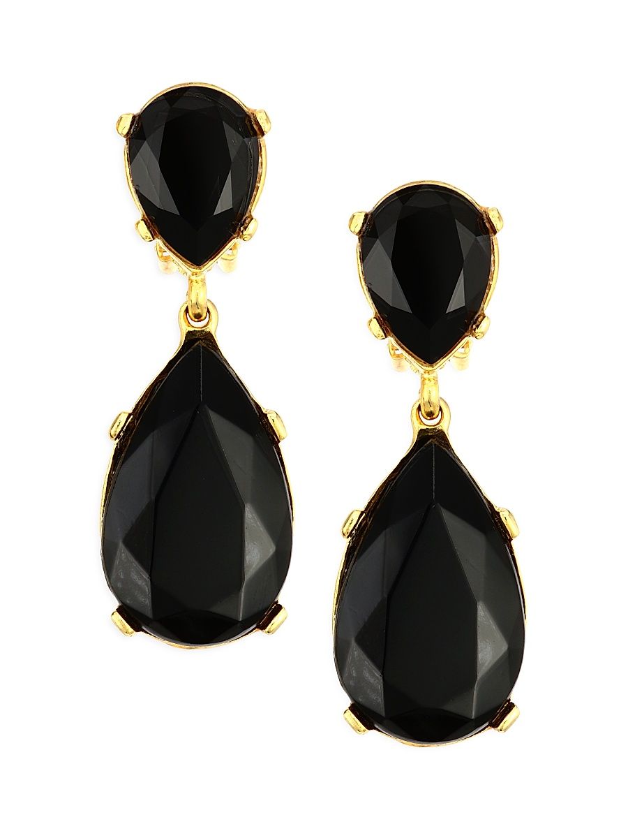Women's Black Crystal Double-Teardrop Clip-On Earrings - Jet
