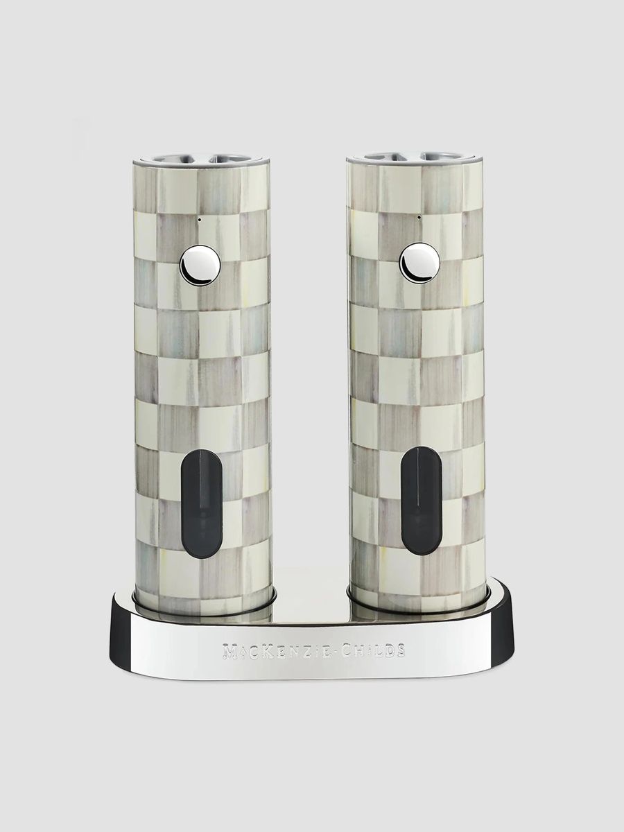 MacKenzie-Childs Sterling Check Ceramic Electric Salt & Pepper Grinders