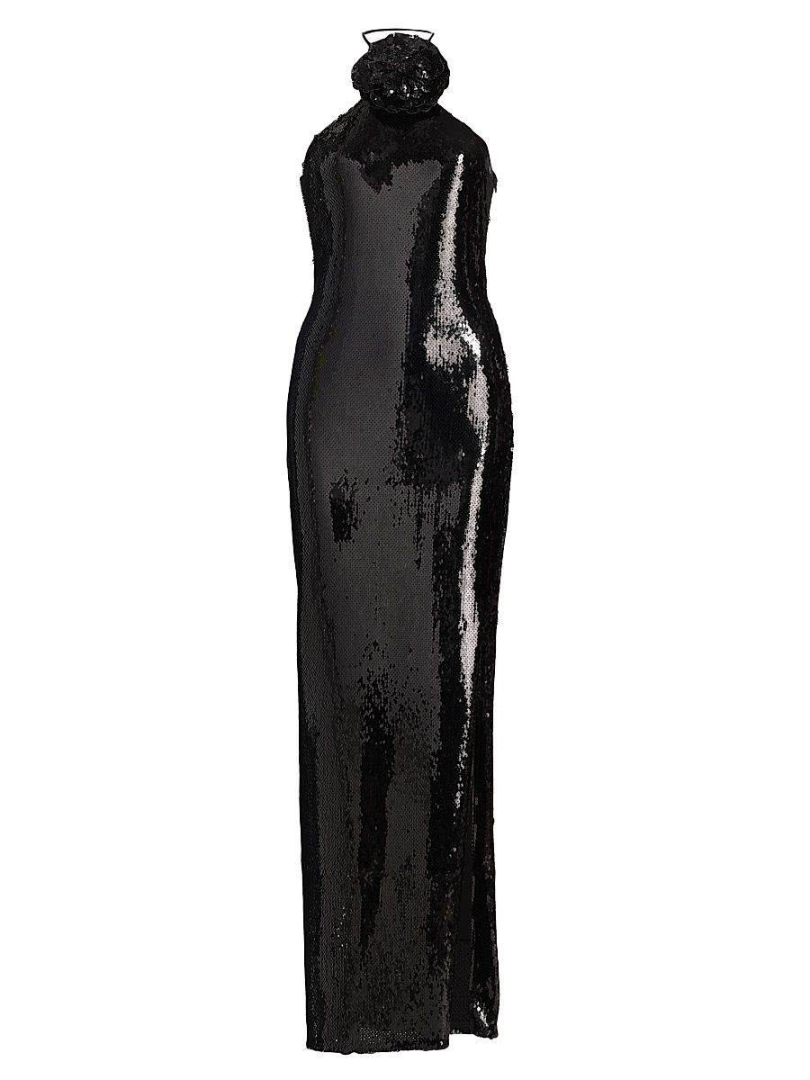 Women's Flower Sequined Halter Body-Con Gown - Black - Size 10