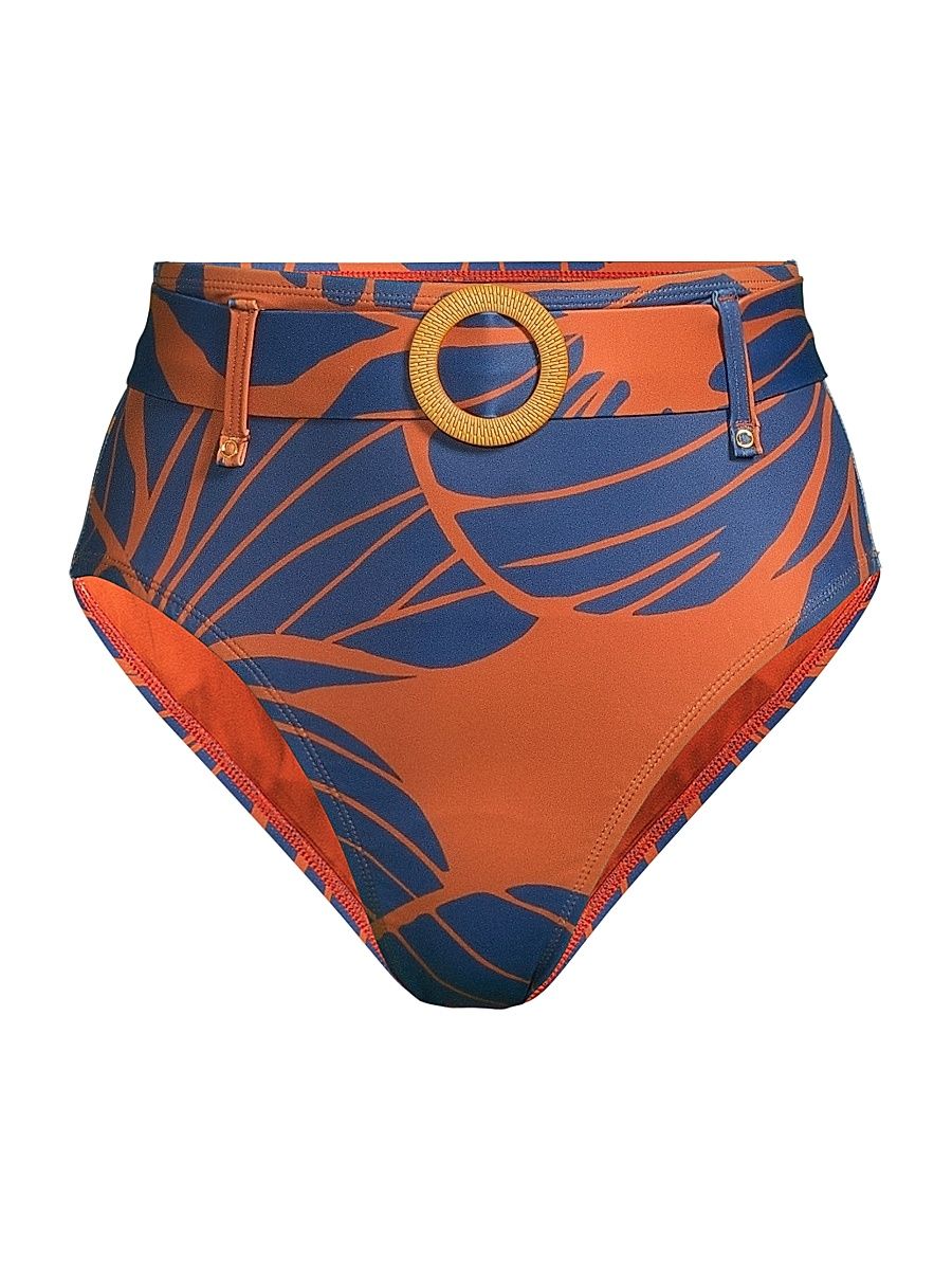 Women's Pacie Floral Belted High-Waisted Bikini Bottom - Copper Block Print Plumeria - Size Small