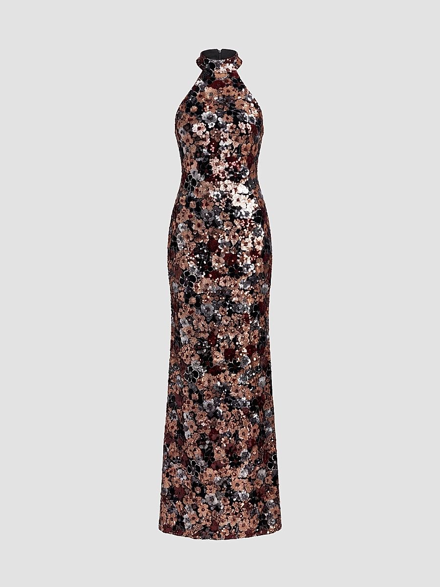 Women's Sequined Column Gown - Black Gold - Size 12