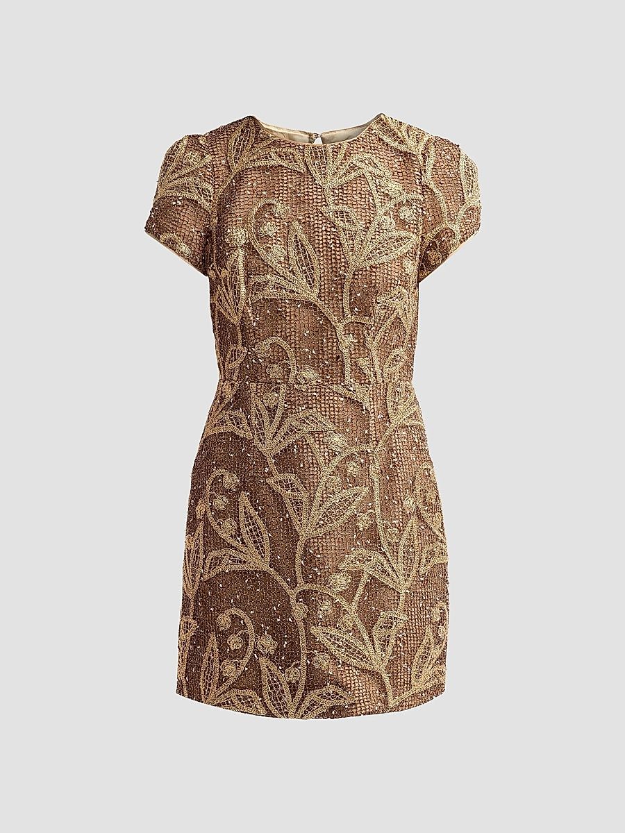 Women's Daisy Embroidered Lace Mini Dress - Gold Multi - Size 10