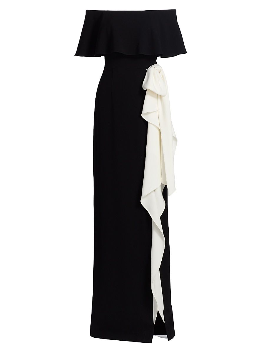 Women's Two-Tone Off-the-Shoulder Column Gown - Black White - Size 10