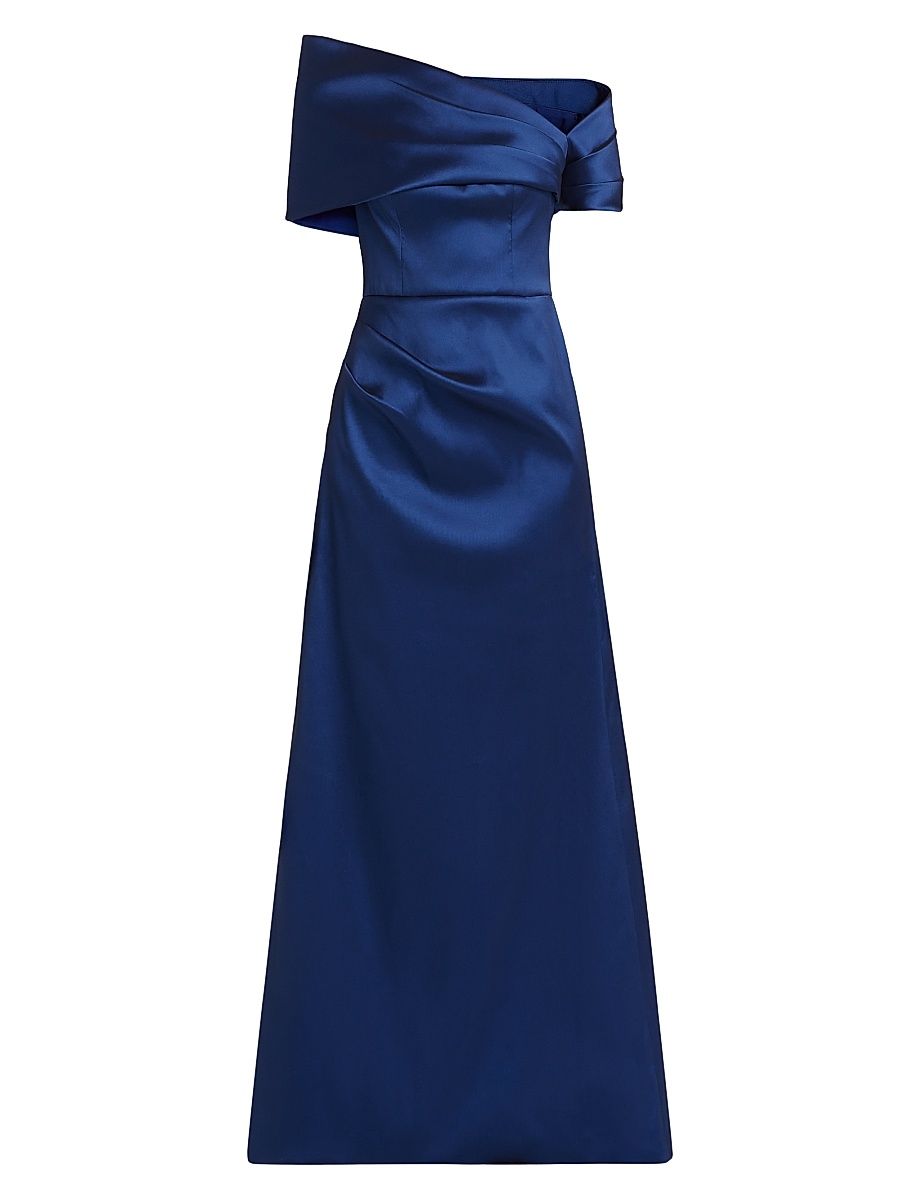 Women's Asymmetrical Stretch Mikado Off-The-Shoulder Gown - Sapphire - Size 16