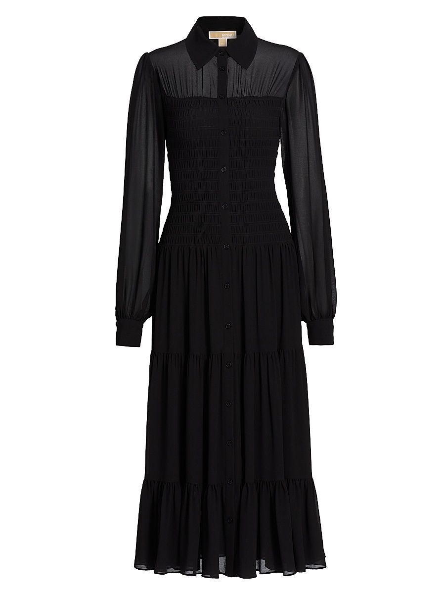 Women's Smocked Button-Front Shirtdress - Black - Size XL