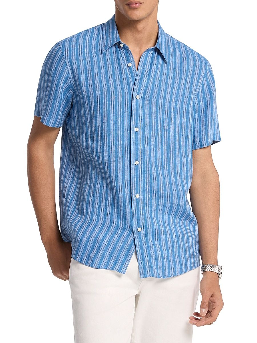 Men's Striped Linen Classic-Fit Short-Sleeve Shirt - Heritage Blue - Size Large