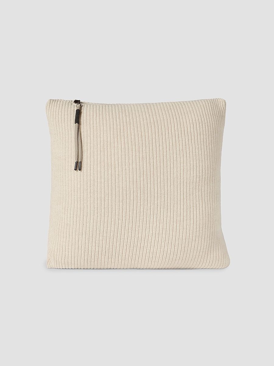 Cashmere English Rib Knit Cushion with Shiny Zipper Pull - Sand
