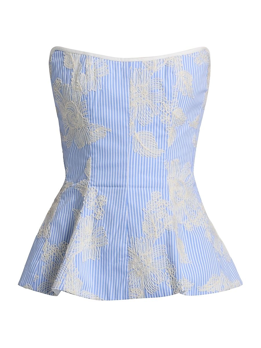 Women's Lola Floral-Embroidered Pinstripe Peplum Top - Ivory And Blue Floral - Size 10