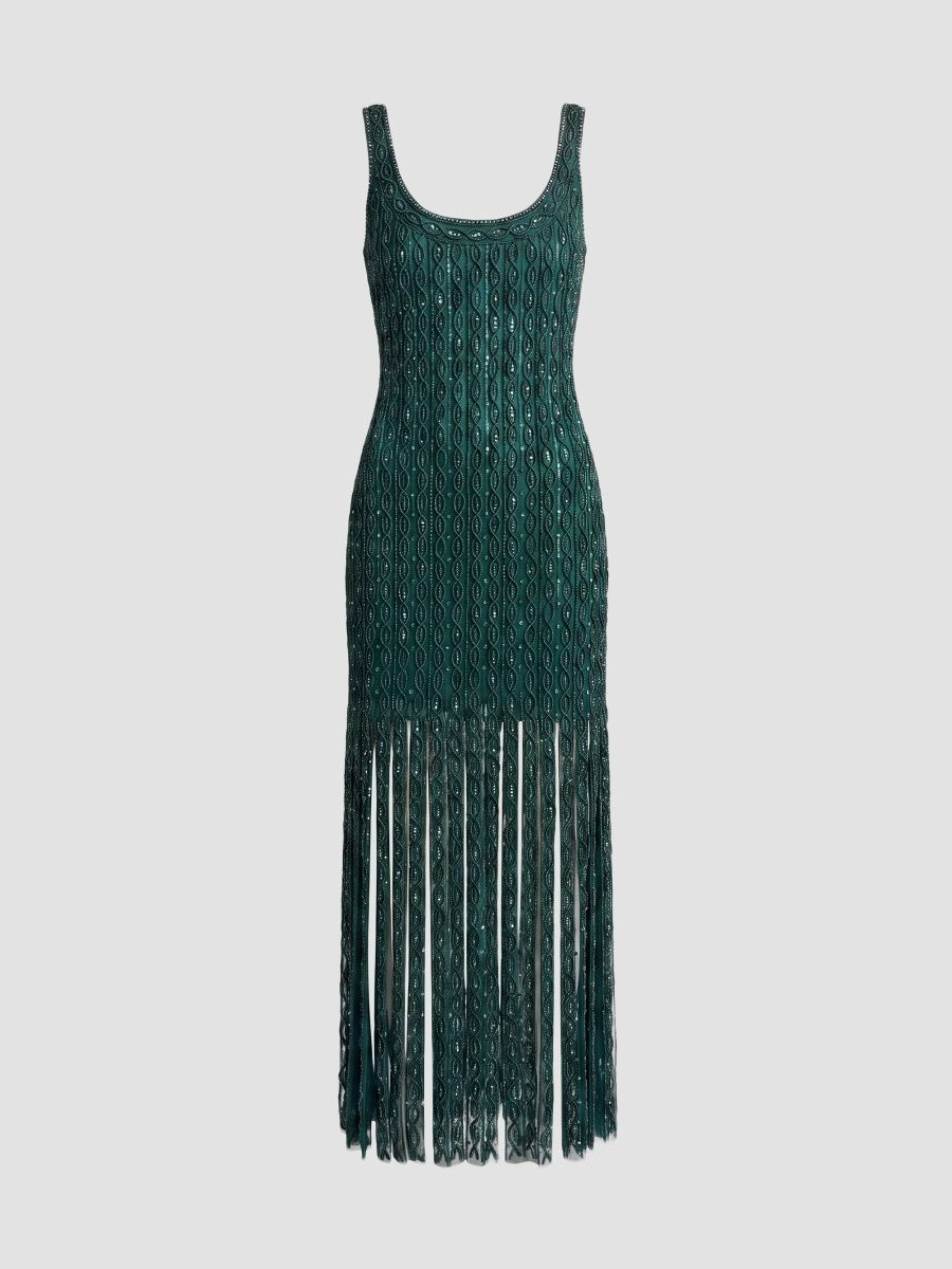 Mac Duggal Women's Beaded Mesh Fringed Maxi Dress - Teal - Size 14