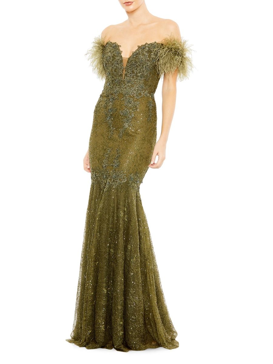 Mac Duggal Women's Off-The-Shoulder Feather Embellished Mermaid Gown - Olive - Size 18