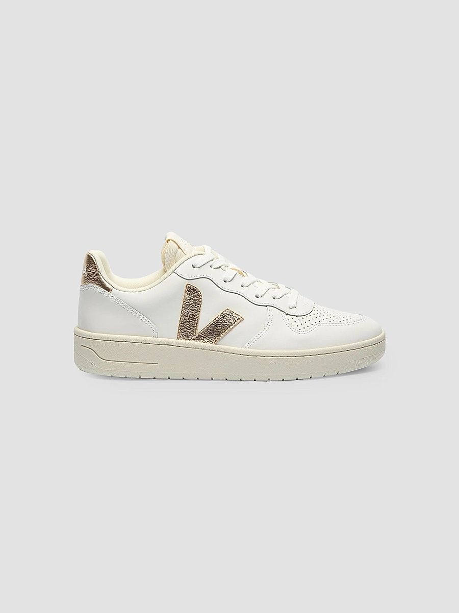 Veja Women's V-10 Leather-Cotton Low-Top Sneakers - White Gold - Size 9