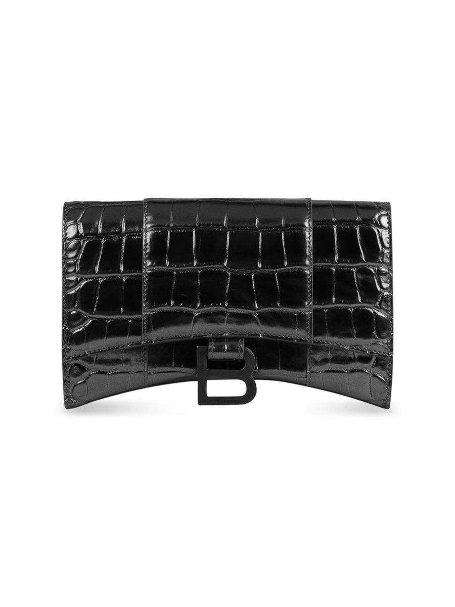 Balenciaga Women's Hourglass Crocodile Embossed Wallet on Chain - Black