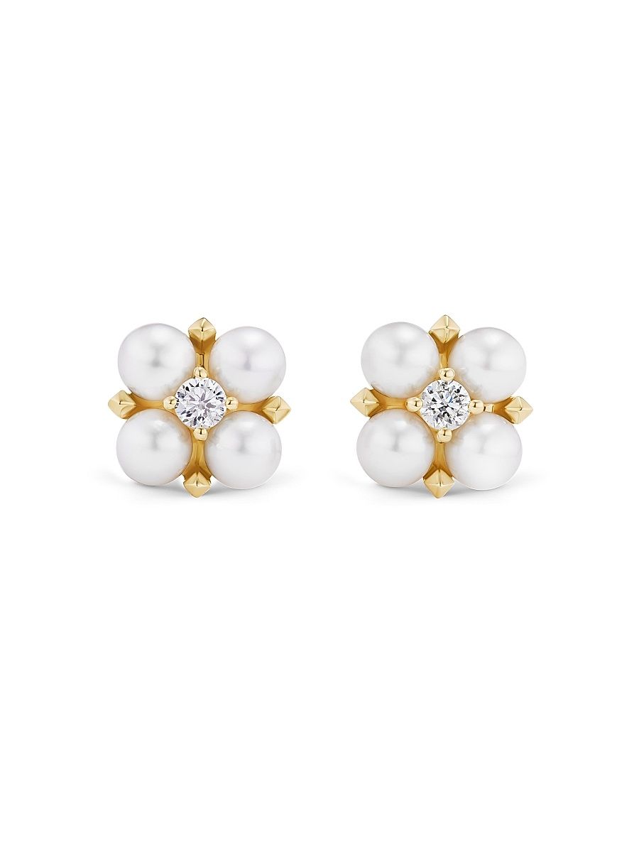 Women's Petite Modern Renaissance Pearl Stud Earrings in 18K Yellow Gold with Diamonds, 7.8MM - Akoya White Pearl