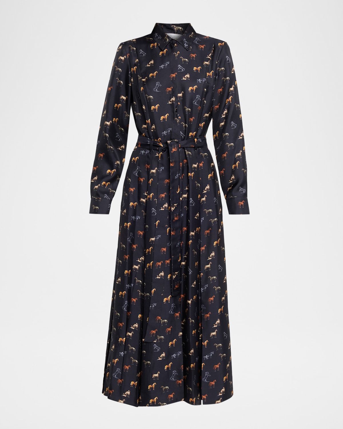 Galway Horse-Print Silk Belted Maxi Shirtdress