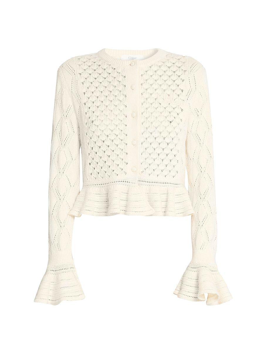 Women's Pointelle Cotton-Wool Peplum Cardigan - Iconic Milk - Size XS