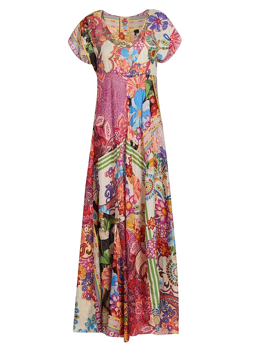 Women's Magnolia Patchwork Silk Maxi Dress - Magnolia Patchwork - Size XXL